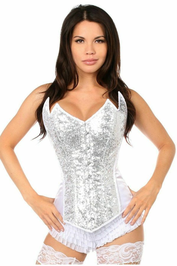 Top Drawer White Silver Sequin Pointed Top Steel Boned Corset Cheap